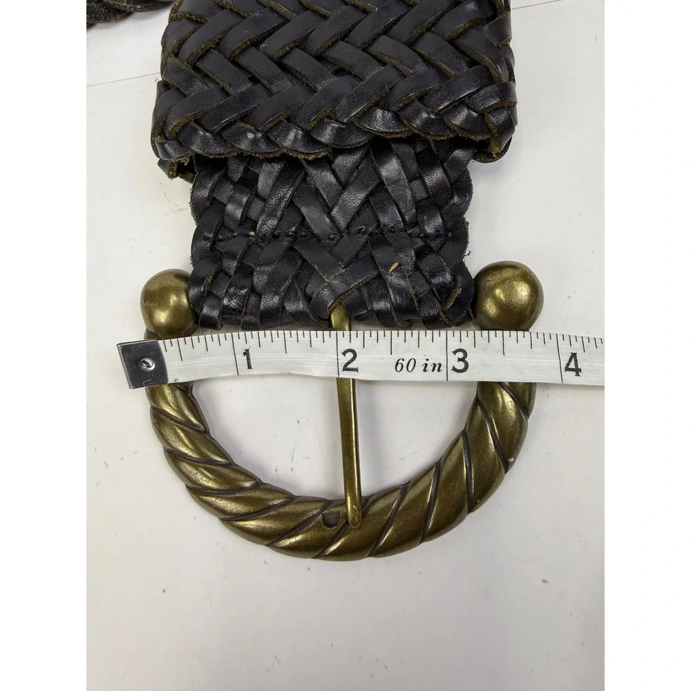 Club Monaco Dark Black Braided Leather Belt Wide Brass Rope Buckle VTG